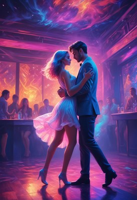 Couple dancing under neon lights