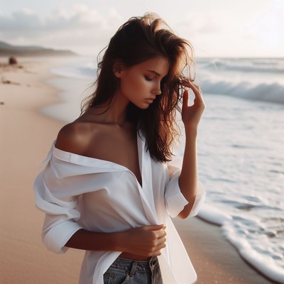 Woman in white shirt on beach at sunset