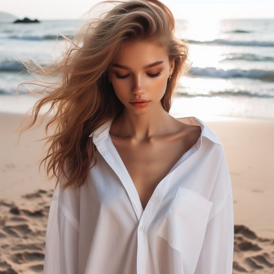 Woman in white shirt on beach