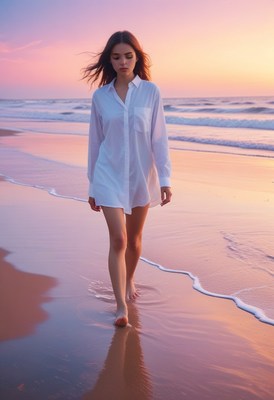 Woman walking on beach at sunset