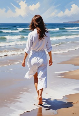 Woman walking on sandy beach