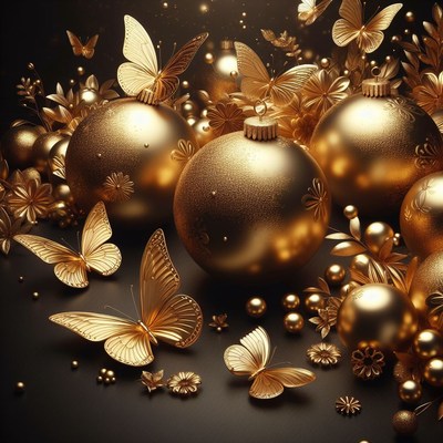 Golden christmas ornaments with butterflies