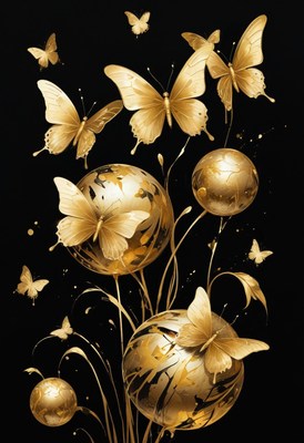 Golden butterflies on black background