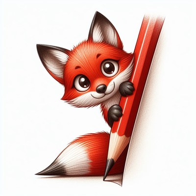 Cute fox peeking from behind pencil