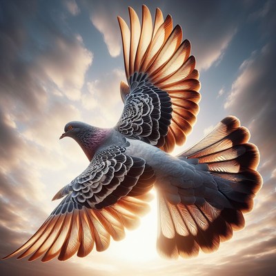 Pigeon soaring through clouds