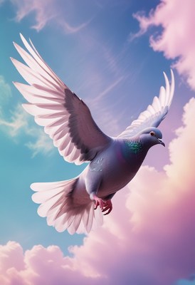 Pigeon flying through pink clouds