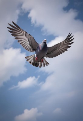 Pigeon soaring through cloudy sky