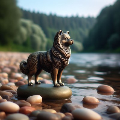 Bronze dog statue on riverbank