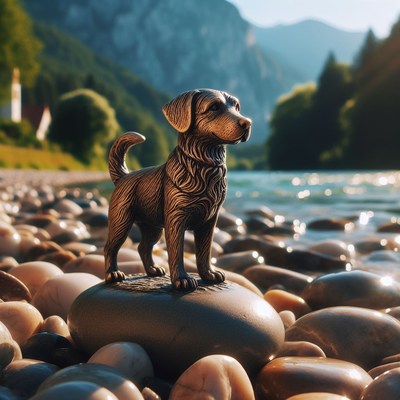 Bronze dog statue on riverbank