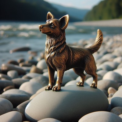 Bronze dog statue on river rocks