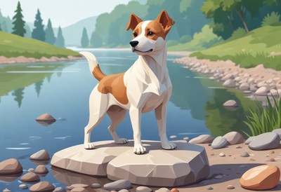 Dog standing on rocks by river