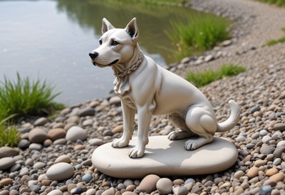 White dog statue on stone