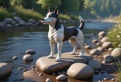 Dog standing on rocks by river