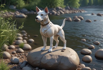 White dog standing on a rock by a river