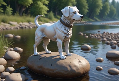 White dog standing on rock by river