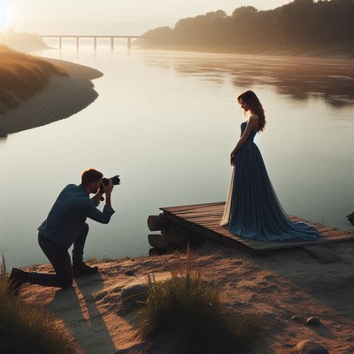 Photographer capturing bride on riverbank