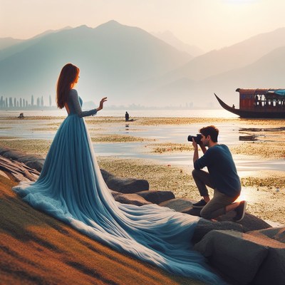 Woman in blue dress photographed at sunrise