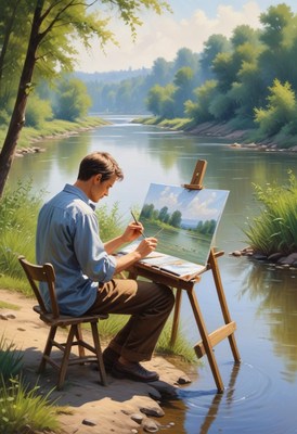 Artist painting river landscape