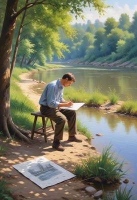 Artist sketching by the river