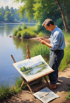 Artist painting river landscape