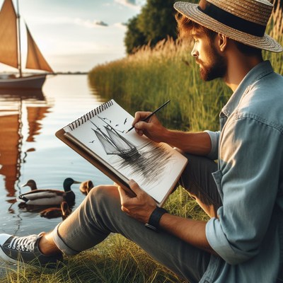 Artist sketches sailboat by lake