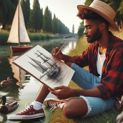 Man sketches ship by canal