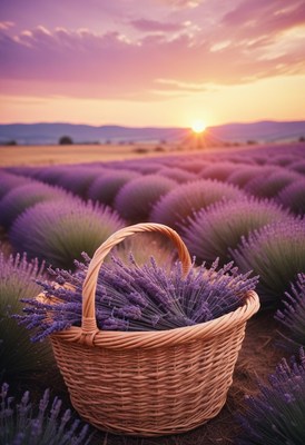 Wicker basket in lavender field at sunset
