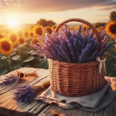Lavender basket at sunset