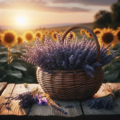 Lavender basket in a sunflower field