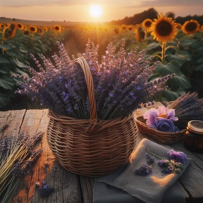 Lavender basket at sunset