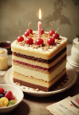 Birthday cake with cherries and candle