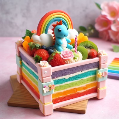Rainbow cake with dinosaur and fruit