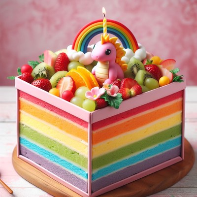 Rainbow unicorn cake with fruit
