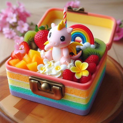 Rainbow cake with dragon decoration