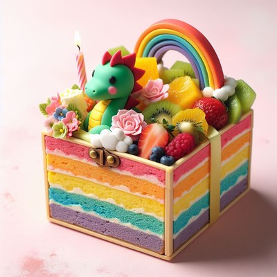Rainbow cake with dragon and fruit