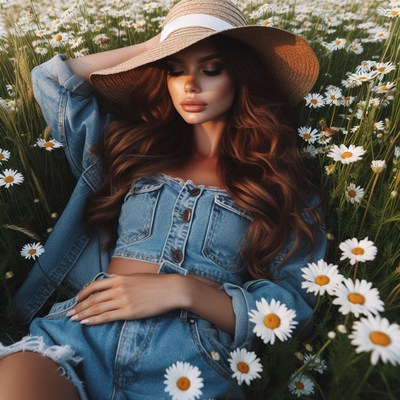 Woman in denim and hat in field of daisies