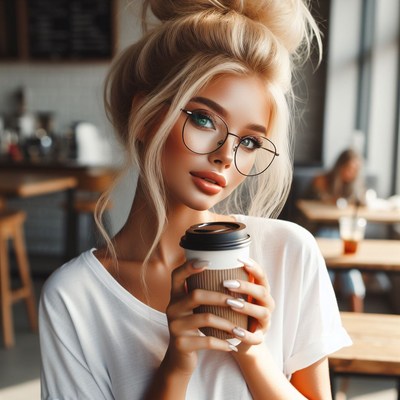Woman with glasses holding coffee cup