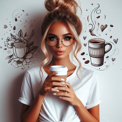 Woman drinking coffee with bun