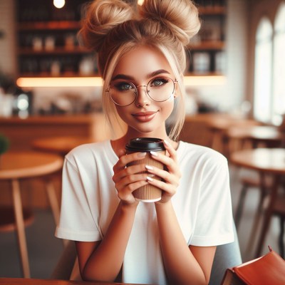 Woman with bun hairstyle holding coffee in cafe