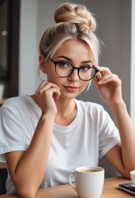 Blonde woman in glasses at coffee shop