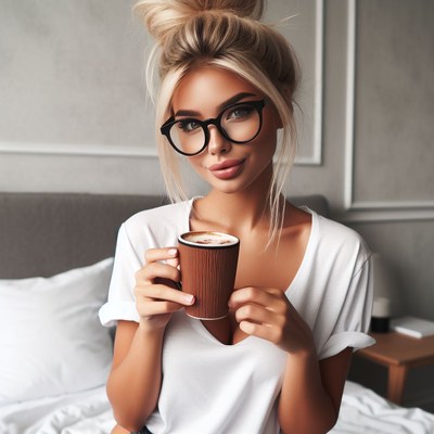 Woman holding coffee cup in bed