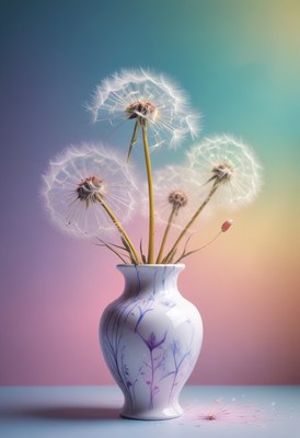 Dandelion bouquet in a white vase