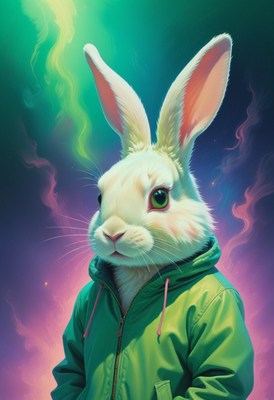 White rabbit in green jacket against cosmic background