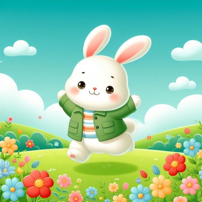 Happy bunny jumping in meadow