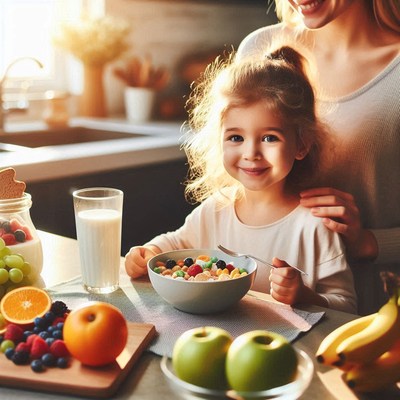 Girl eating breakfast with fruit