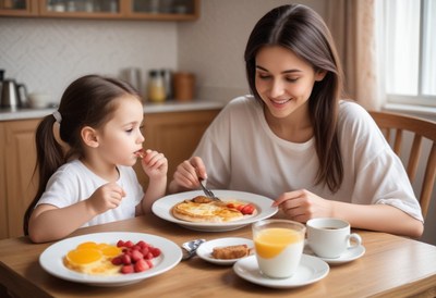 Mother and daughter enjoying breakfast