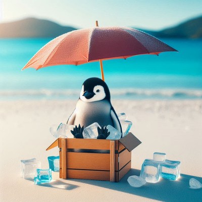 Penguin relaxing in a box on the beach