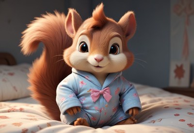 Squirrel in pajamas on bed