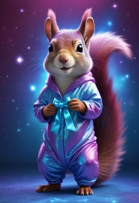 Squirrel in pajamas against purple sky