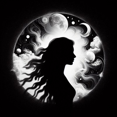 Woman silhouette against moon and stars
